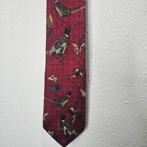 Roundtree & Yorke Red Silk Pheasant and Feather Print Necktie Hand‎ Sewn in USA